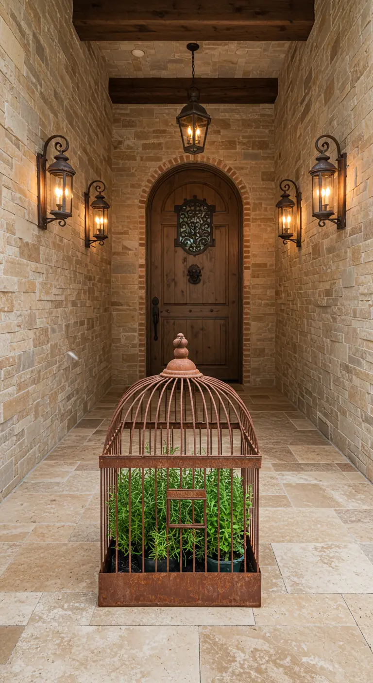 Jaula cuadrada de hierro oxidado utilizada como jardinera para hierbas aromáticas en un pasillo de piedra.