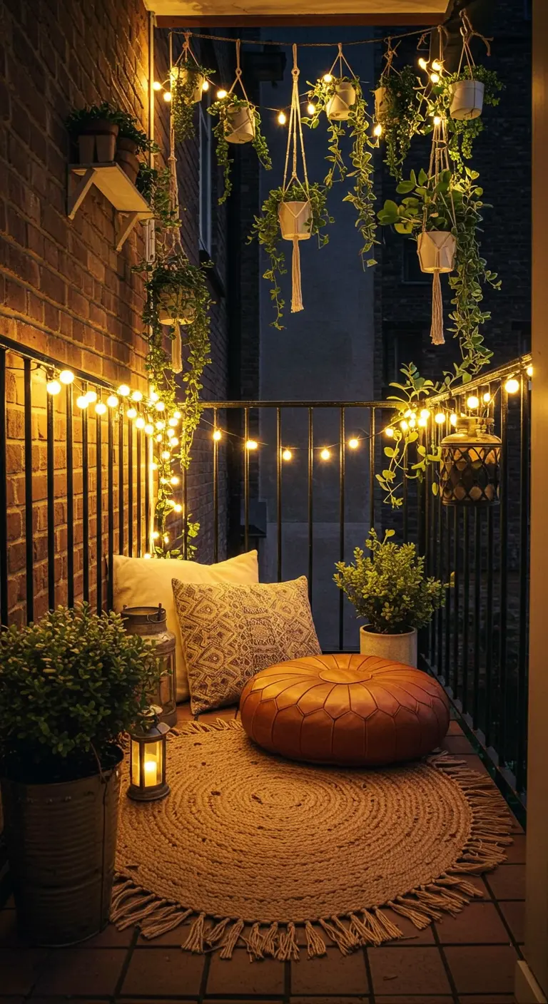 Rincón de balcón pequeño y acogedor con cojines en el suelo, puf de cuero y plantas colgantes iluminadas.