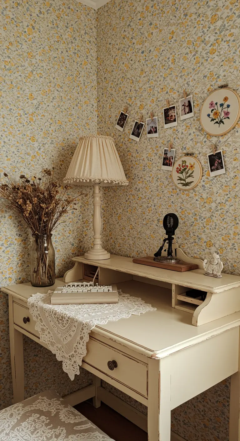 Escritorio vintage con papel pintado de flores pequeñas y detalles de encaje.