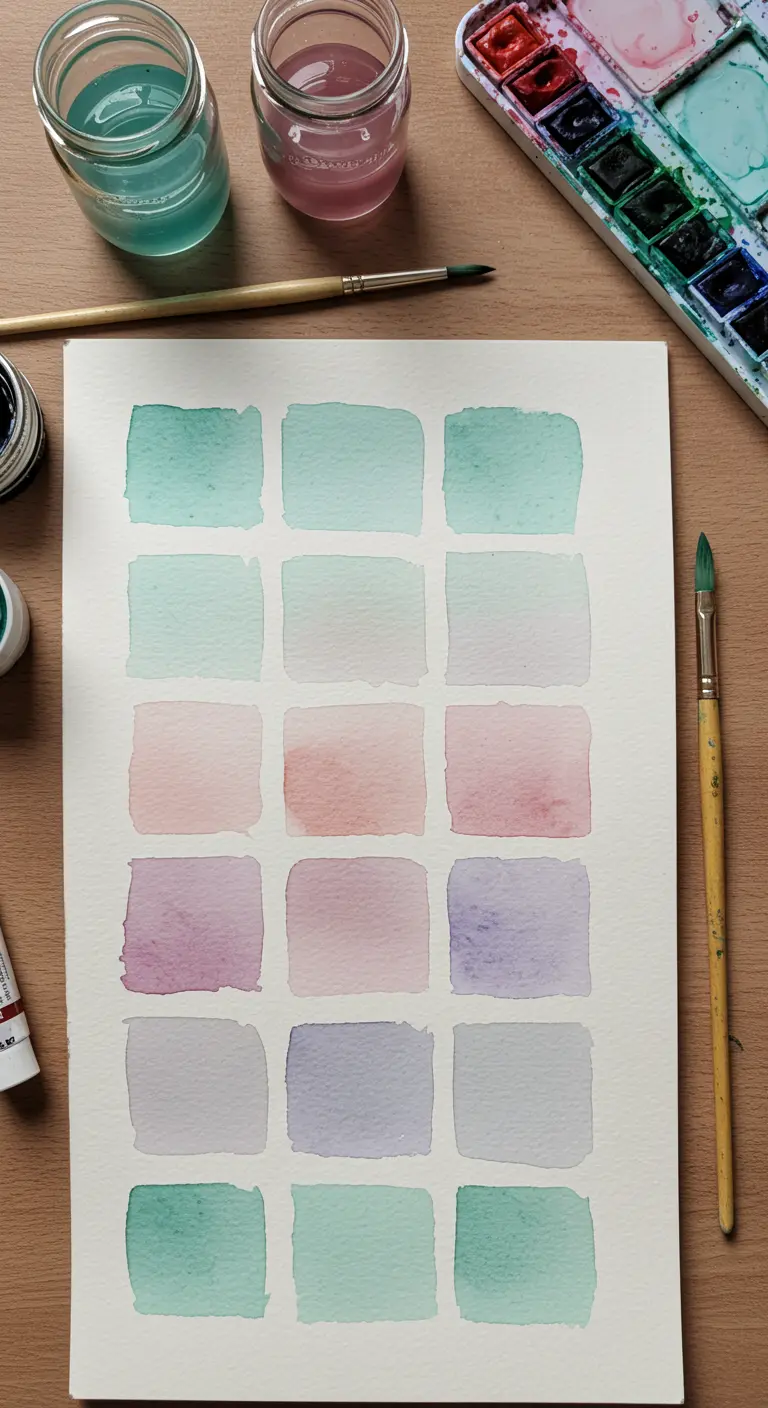 Una hoja de papel con muestras de acuarela en cuadrados de tonos pastel.
