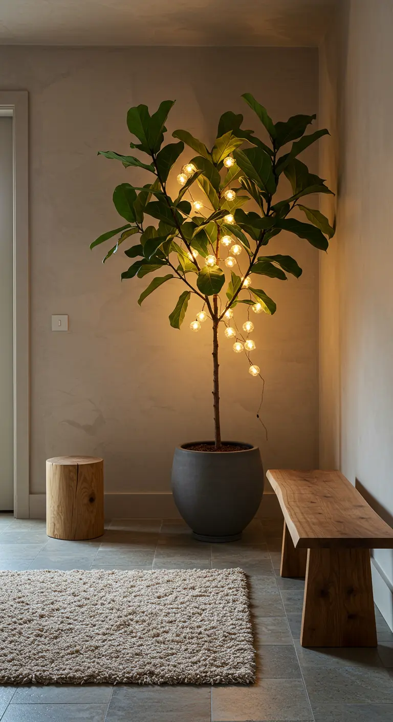 Gran planta de interior Ficus lyrata con una guirnalda de luces tipo globo entre sus hojas.