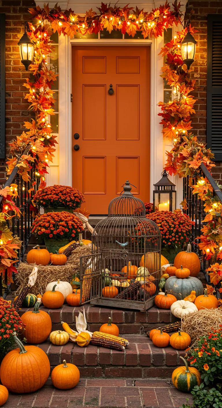 Porche decorado para el otoño con una jaula, calabazas, hojas de arce y luces cálidas.