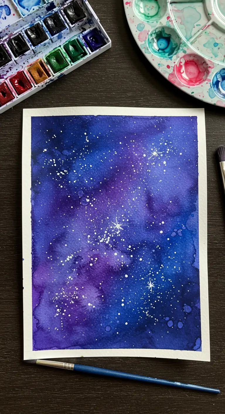 Pintura de acuarela de una nebulosa galáctica en tonos morados y azules con estrellas blancas.