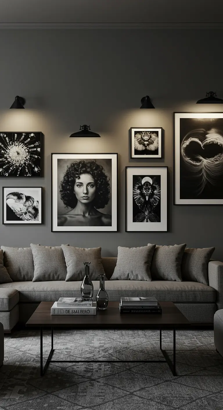 Pared gris con una galería de fotos en blanco y negro, cada una iluminada por un pequeño foco LED de pared.
