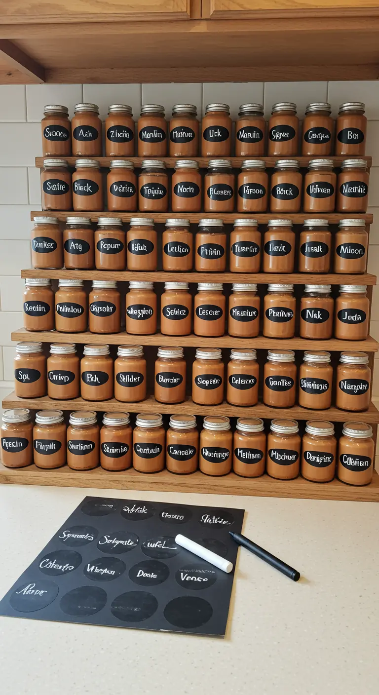 Estantería de madera llena de pequeños frascos de especias con etiquetas de pizarra negras escritas a mano.