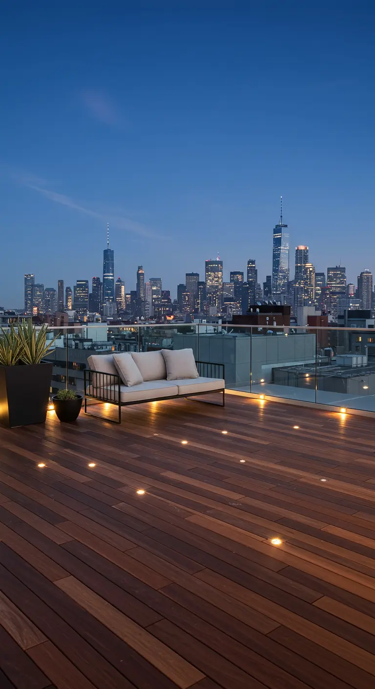 Azotea con suelo de tarima de madera y pequeños focos LED empotrados, con vistas al skyline de una ciudad