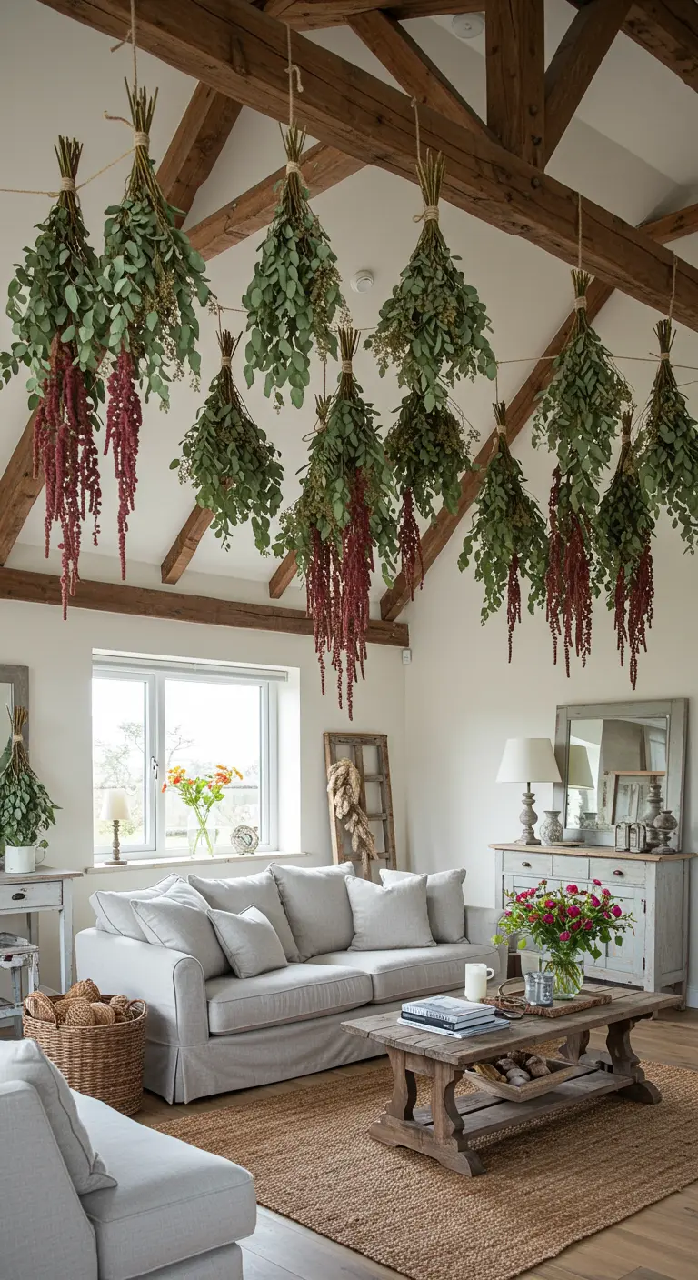 Sala de estar con vigas de madera en el techo de las que cuelgan ramos de eucalipto y flores secas