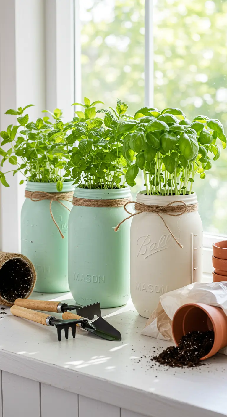 Frascos de pintura efecto tiza en tonos pastel con plantas de menta y albahaca creciendo en su interior.