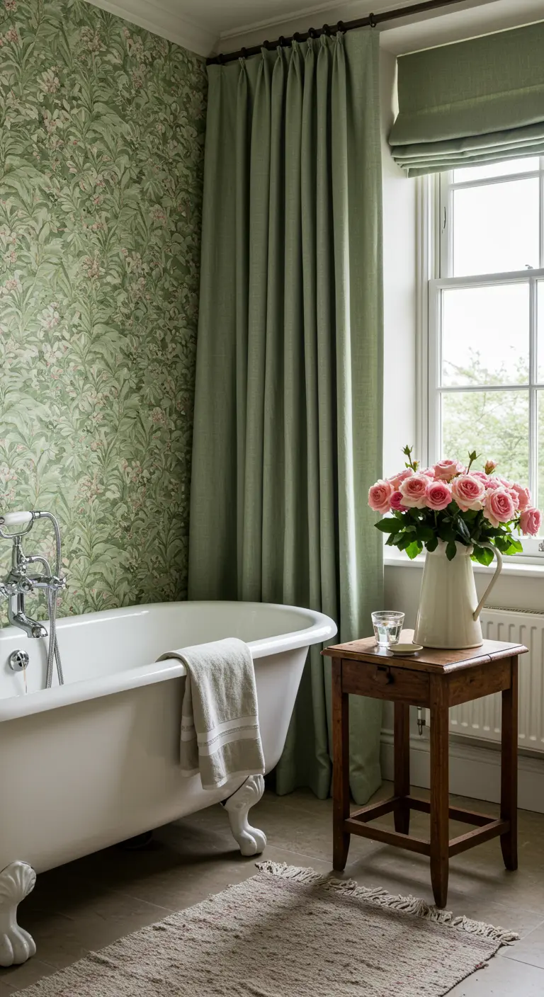 Baño con papel pintado floral verde, cortinas de lino a juego y rosas en una jarra.