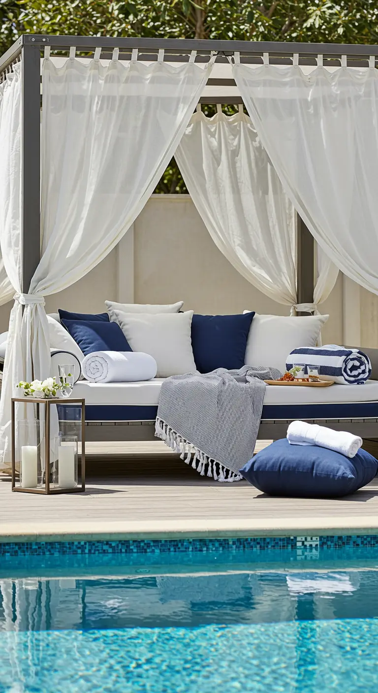 Cama balinesa junto a una piscina con cojines azul marino, cortinas blancas y toallas.