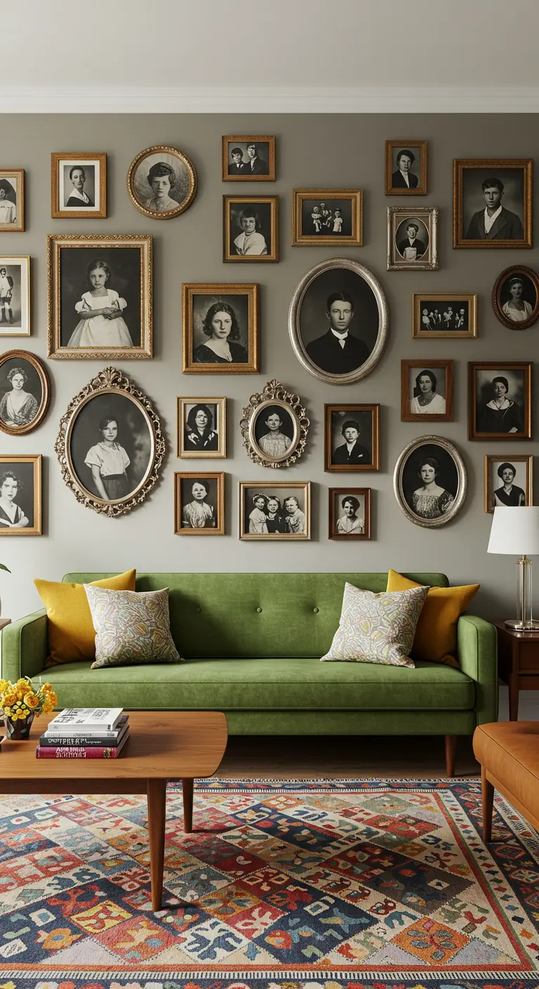 Colección de retratos familiares en marcos vintage de diferentes formas y tamaños en una sala.