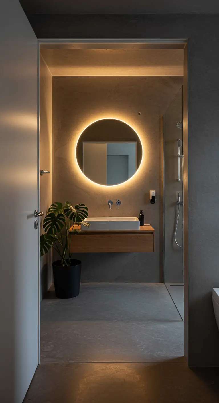 Espejo de baño redondo con retroiluminación LED solar cálida en una pared de microcemento.