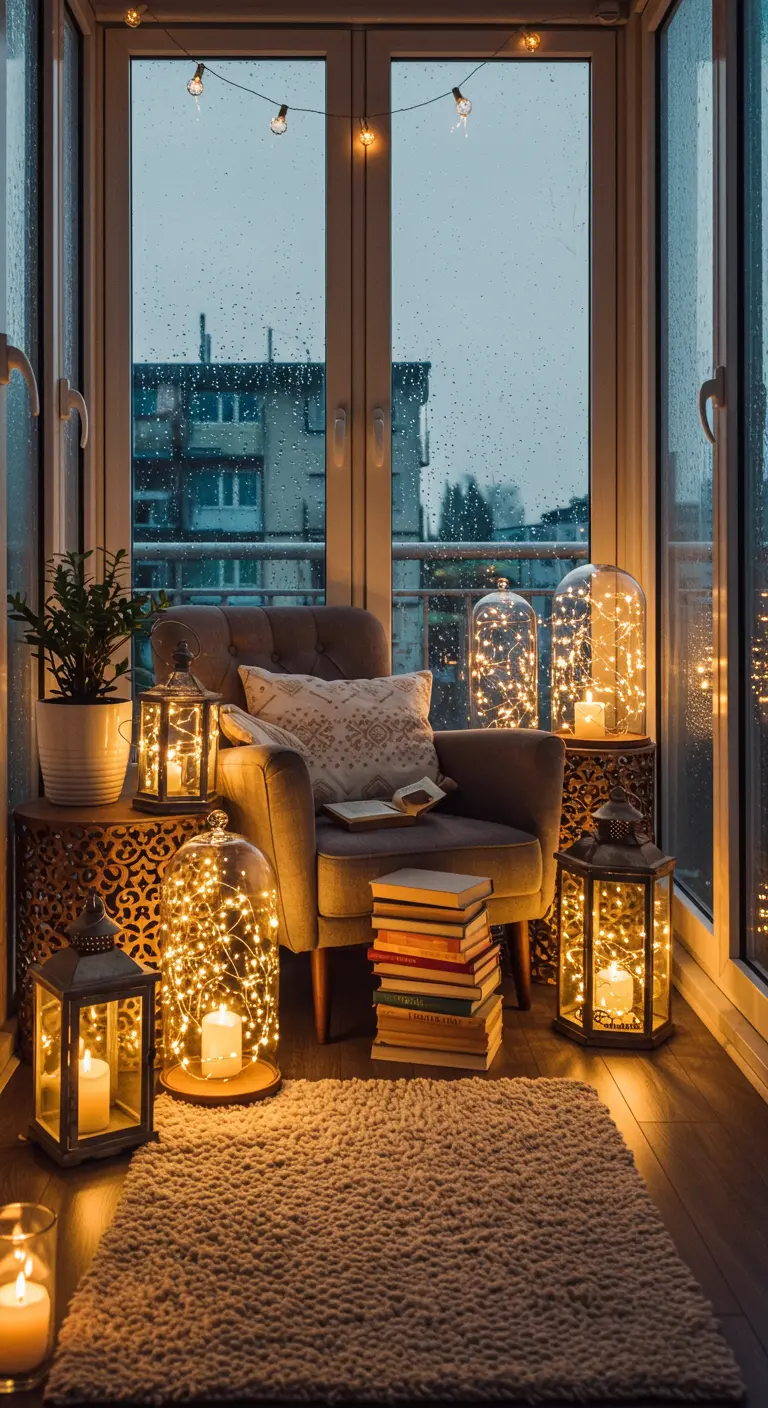 Rincón de lectura en un balcón cerrado con sillón, libros y faroles llenos de micro luces led.