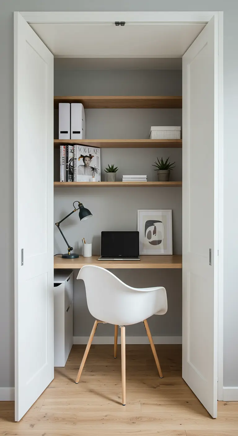 Oficina minimalista en un armario con estantes de madera clara y silla blanca de diseño.