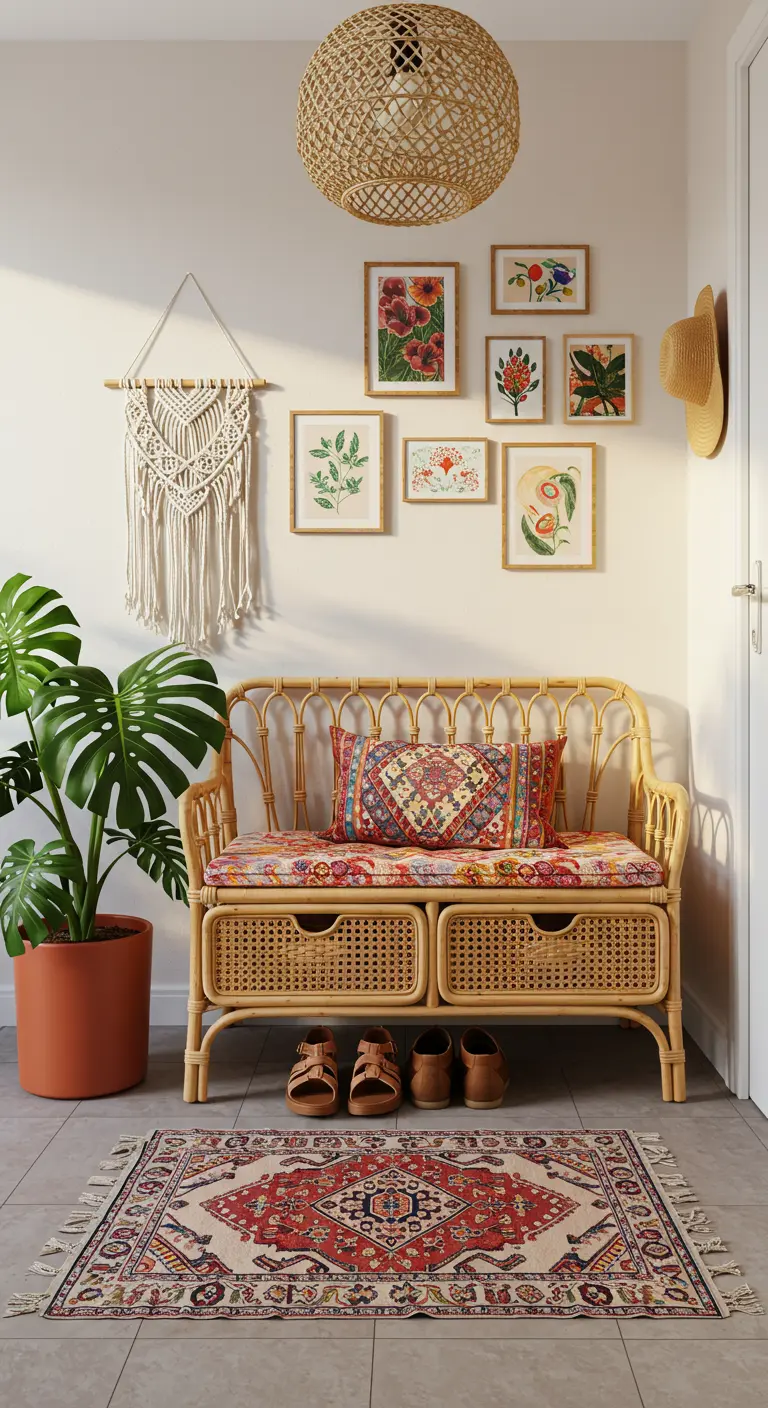Banco de ratán de estilo bohemio con cojín colorido, macramé y galería de cuadros.