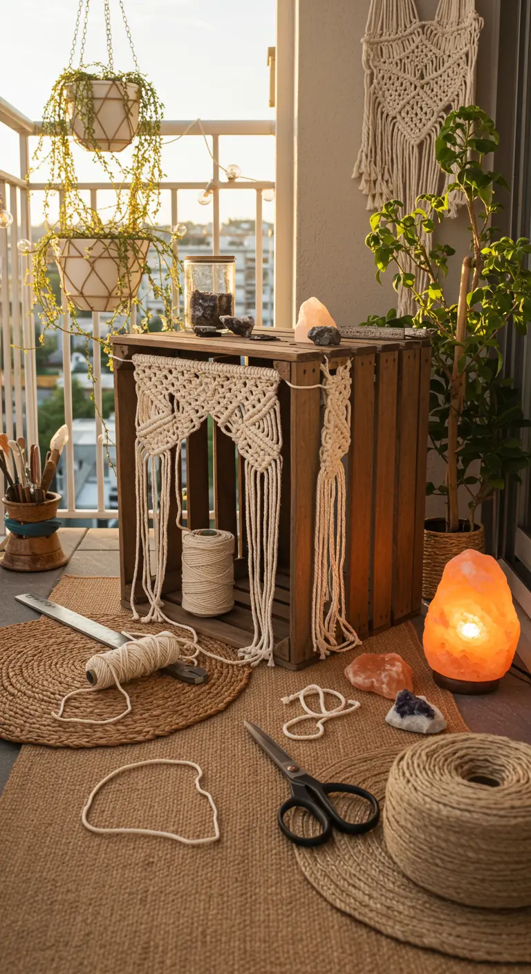 Mesita de noche de caja de madera decorada con un tapiz de macramé en un balcón bohemio.