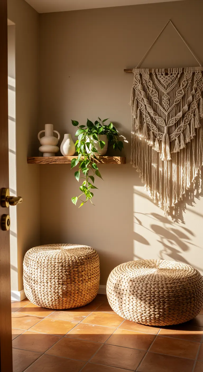 Rincón de entrada bohemio con tapiz de macramé, pufs de mimbre y una planta