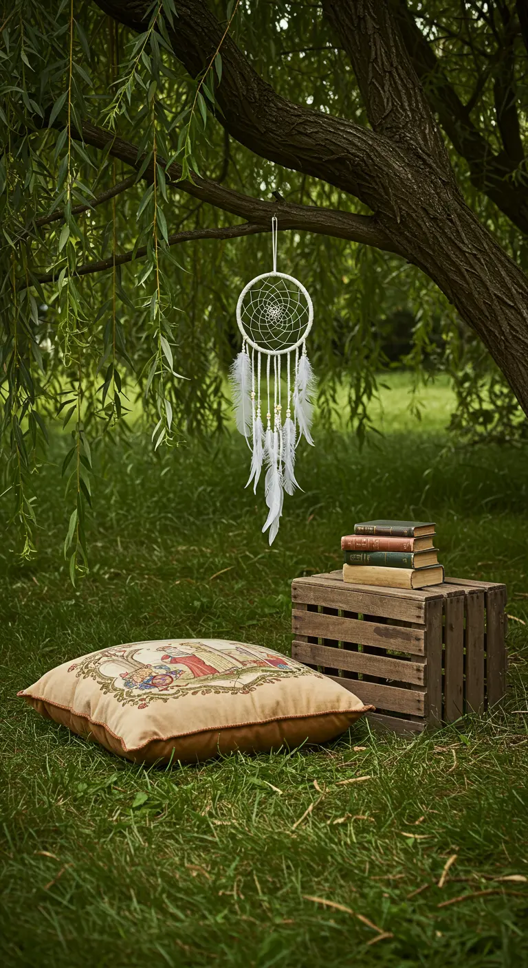 Cojín de suelo y caja de madera con libros bajo un sauce, con un atrapasueños colgando.
