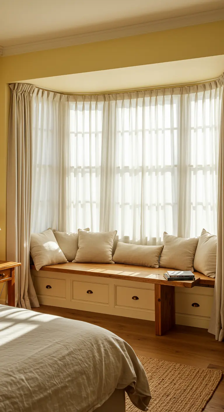 Asiento de ventana hecho a medida con superficie de madera y cojines en un dormitorio luminoso.