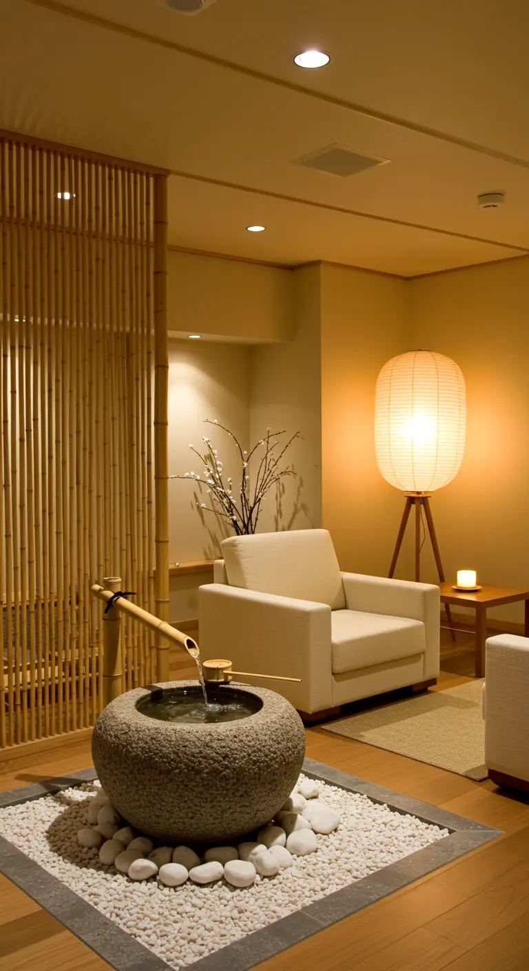 Rincón zen con fuente de agua de piedra, biombo de bambú y lámpara de papel.