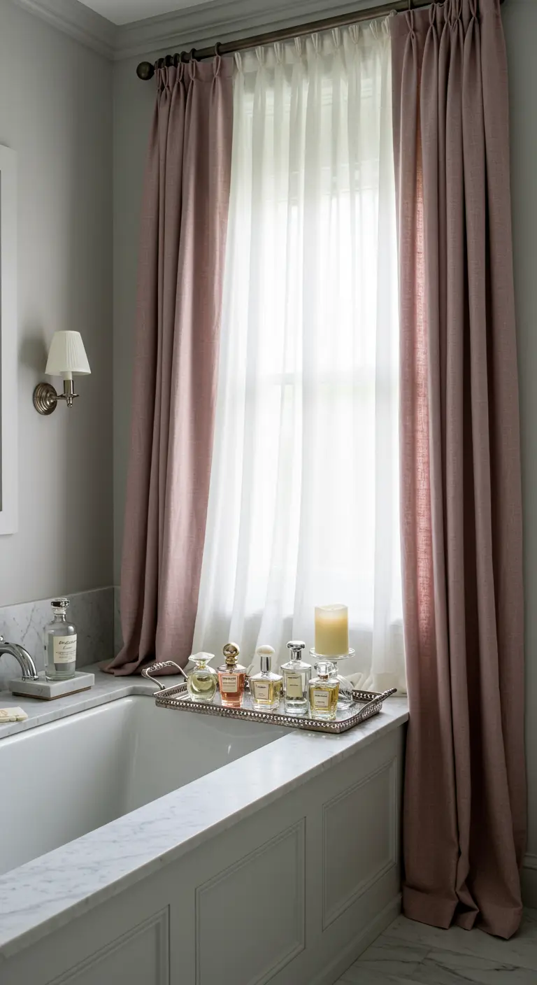 Borde de bañera de mármol con una bandeja de perfumes y cortinas de lino rosa.