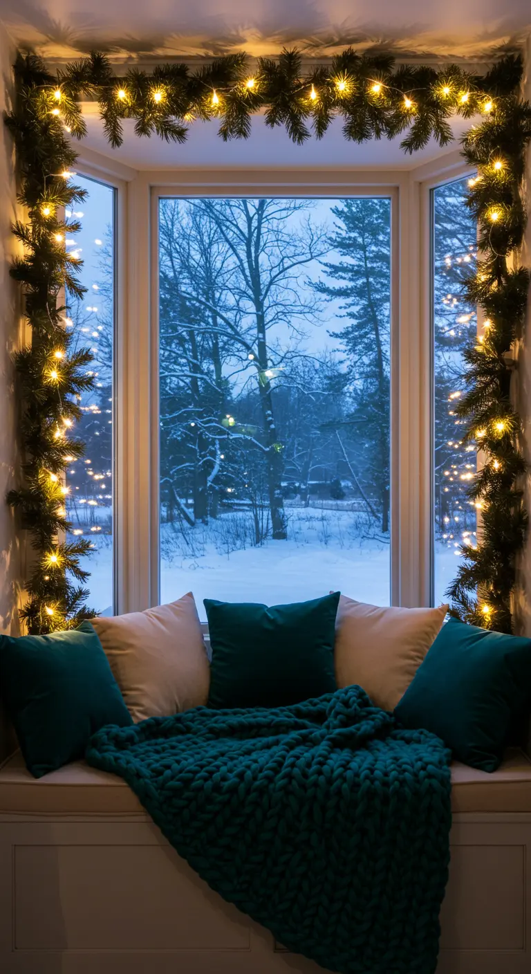 Asiento de ventana acogedor enmarcado con guirnaldas de pino iluminadas y cojines mullidos.