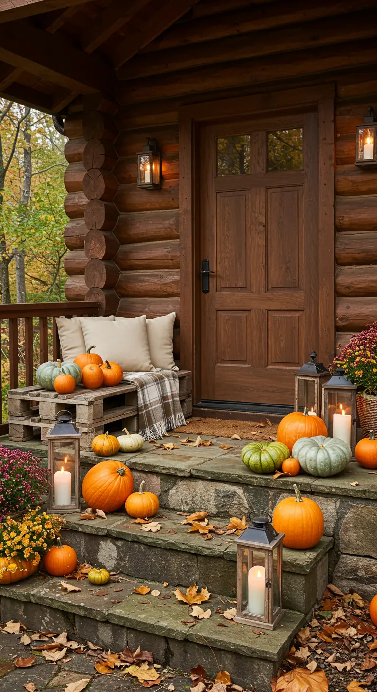 Porche de cabaña de madera con un banco hecho de palets, cojines, calabazas y faroles con velas.