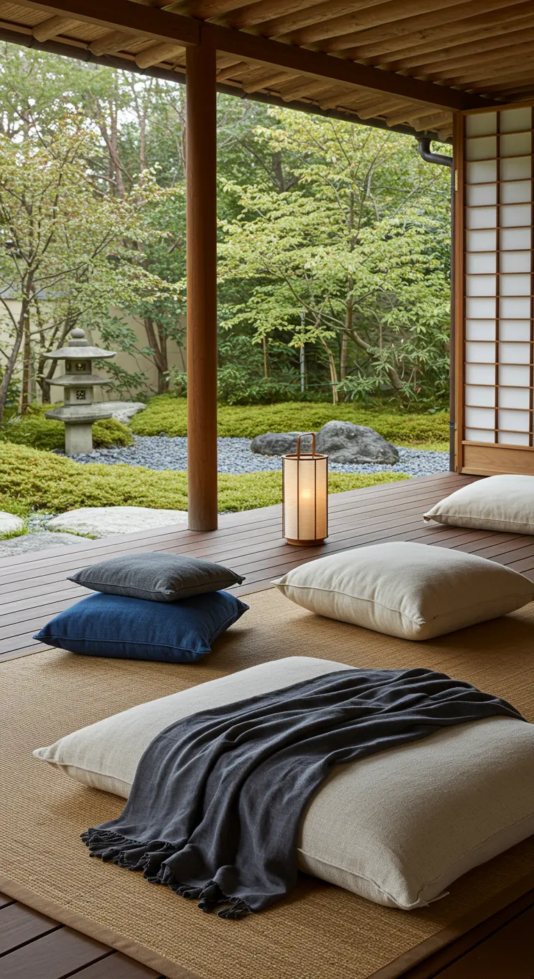 Porche de estilo japonés con cojines de suelo sobre una estera y vistas a un jardín zen.