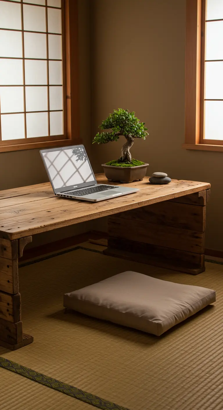 Escritorio bajo de palets en un ambiente de inspiración japonesa, con un bonsái y cojín en el suelo.