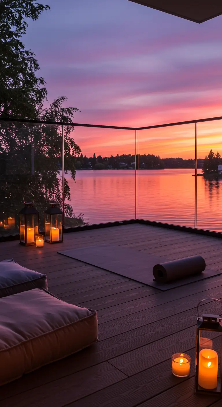 Balcón con esterilla de yoga y farolillos con velas frente a un lago al atardecer