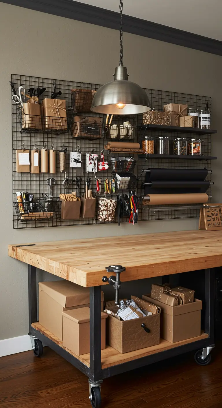Banco de trabajo industrial con ruedas y una rejilla de pared para organizar materiales.