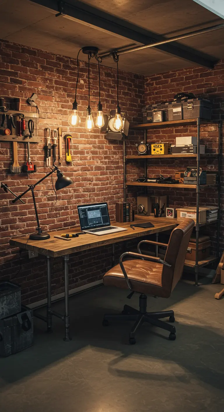 Oficina en casa con pared de ladrillo, escritorio de tuberías y bombillas Edison.