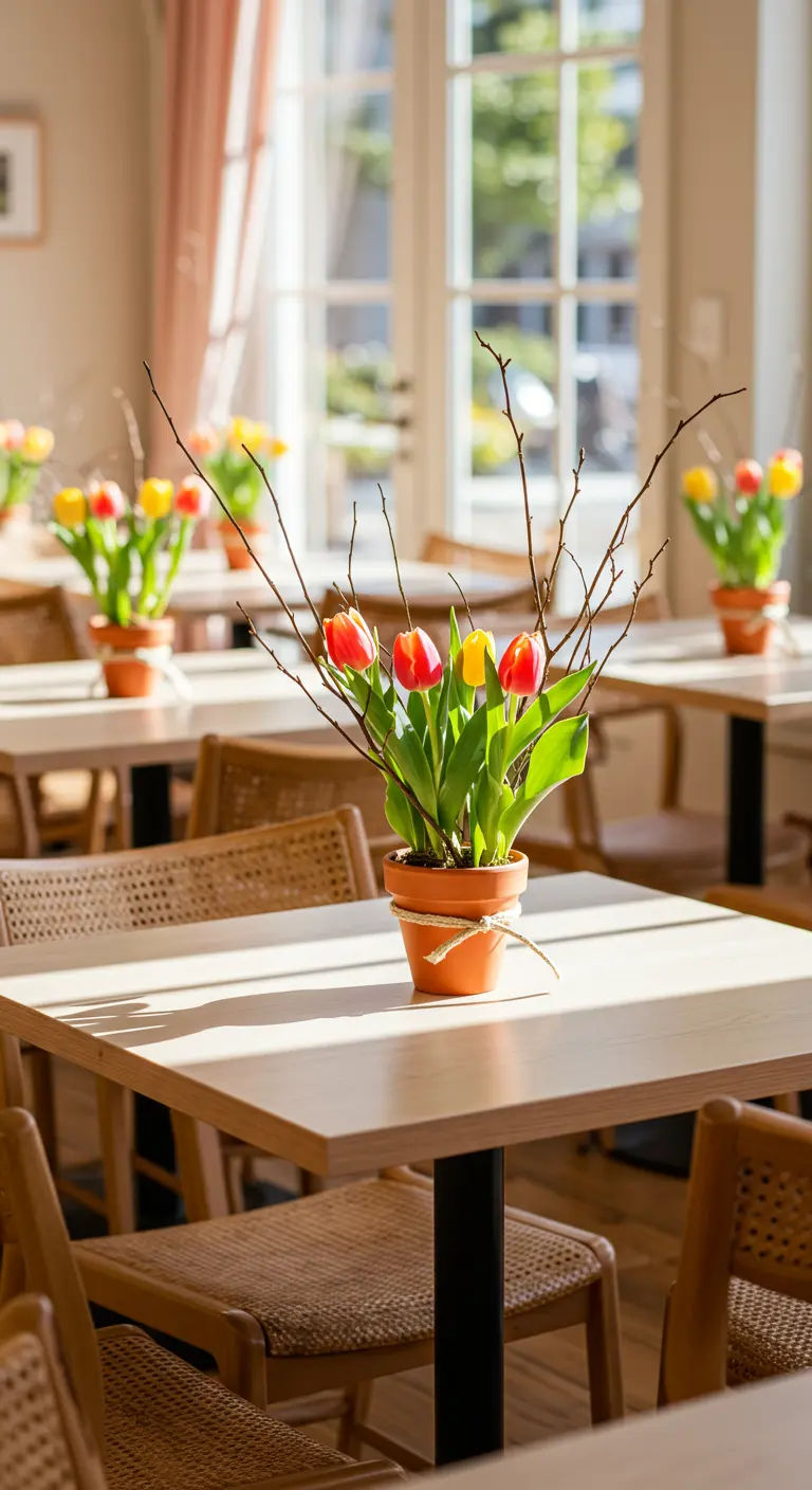 Centro de mesa con tulipanes de colores y ramas finas en una maceta de terracota.