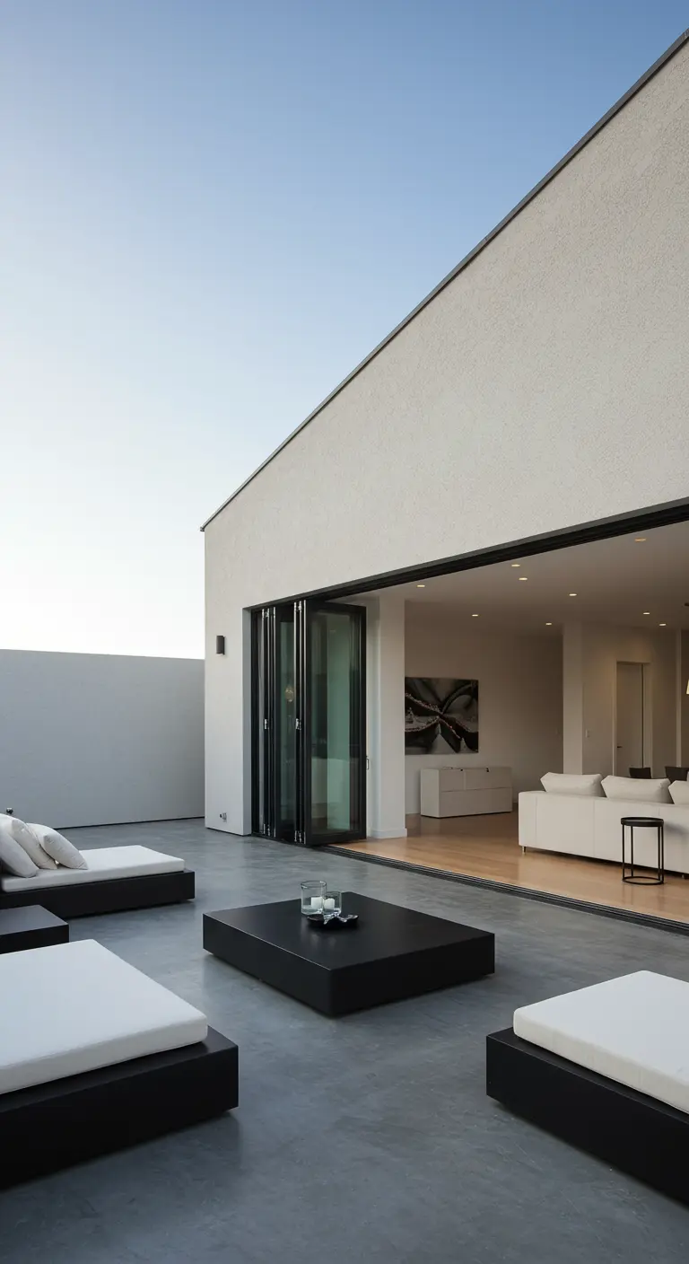 Terraza minimalista con colchonetas blancas sobre bases negras y una gran mesa de centro oscura.