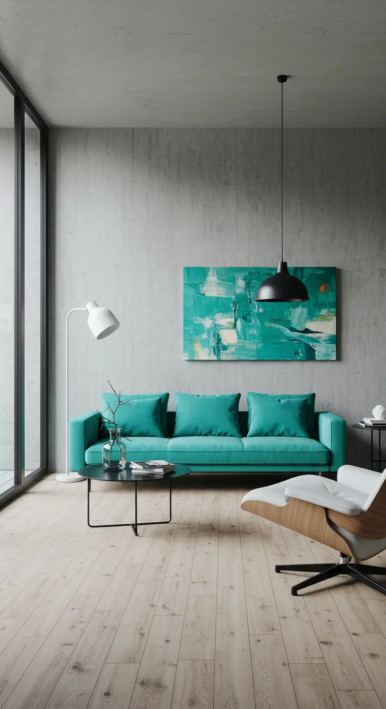 Sofá turquesa en una sala minimalista con paredes de hormigón y una obra de arte abstracta