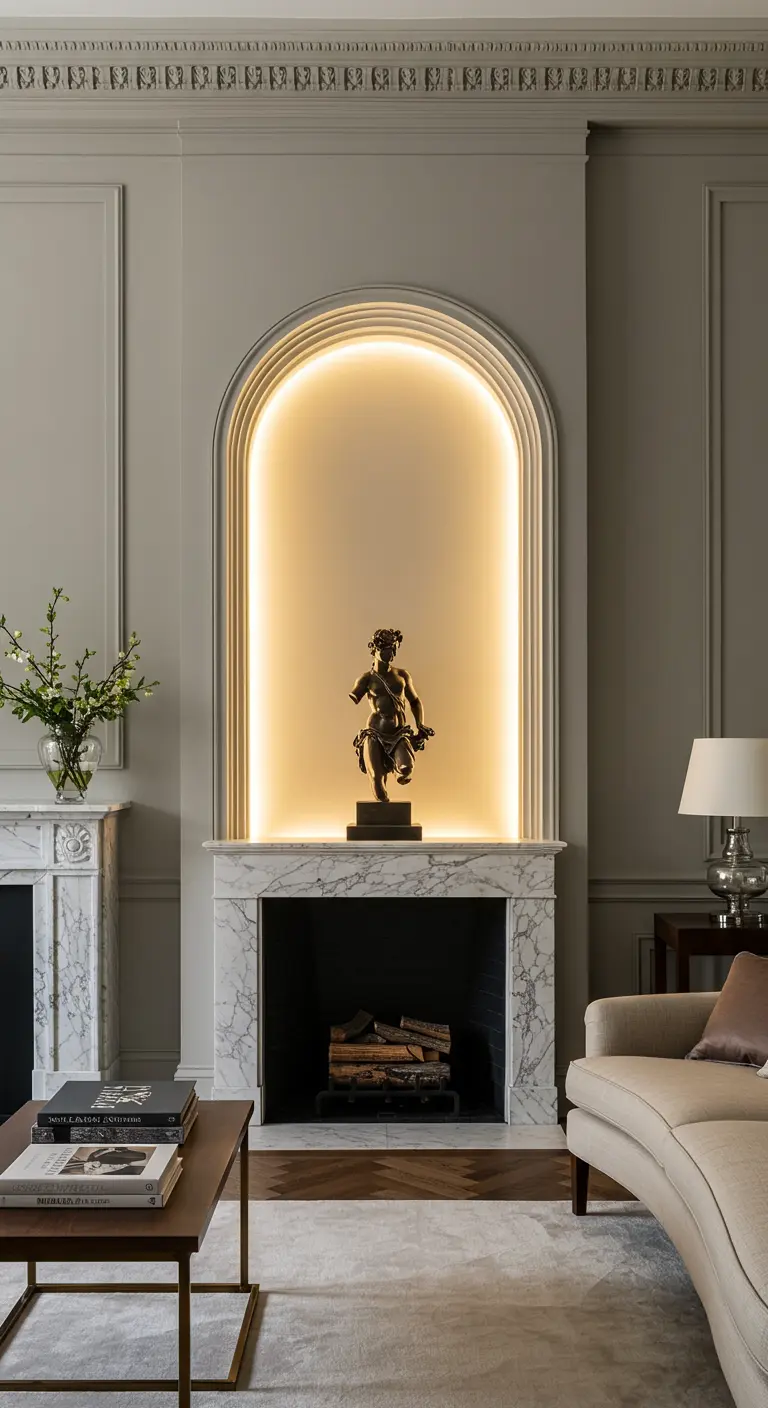 Nicho en arco sobre una chimenea de mármol, iluminado por dentro con una tira de LED que resalta una escultura.