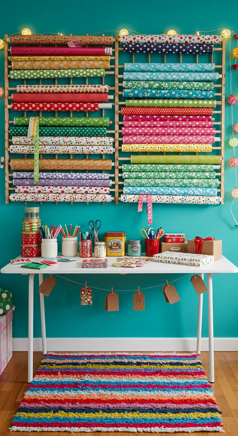 Pared turquesa con un sistema de varillas de madera para colgar rollos de papel de regalo coloridos.