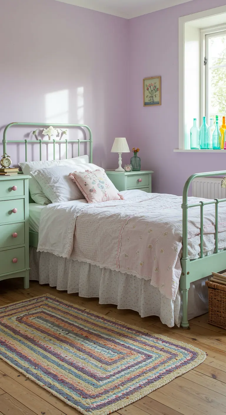 Dormitorio cottagecore en tonos pastel con paredes lilas, cama verde menta y alfombra de trapo.