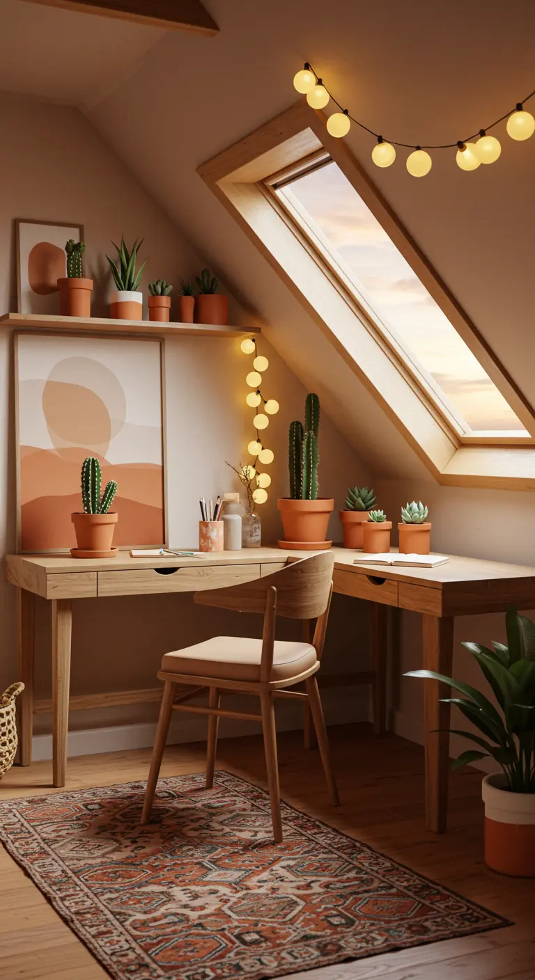 Escritorio de madera en ático con decoración de cactus, arte abstracto y tonos terracota.