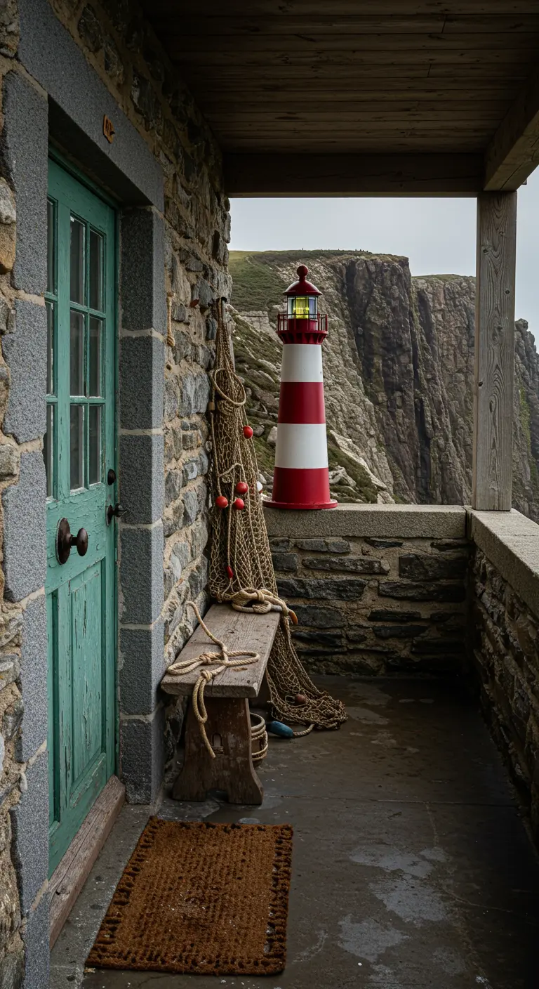 Porche rústico de piedra con vistas a un acantilado, un banco de madera y un faro a rayas.