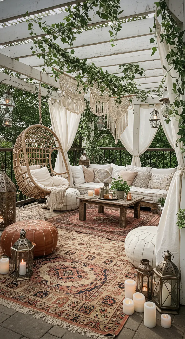 Balcón bohemio con pérgola, sillón colgante, alfombras, faroles y cortinas blancas.