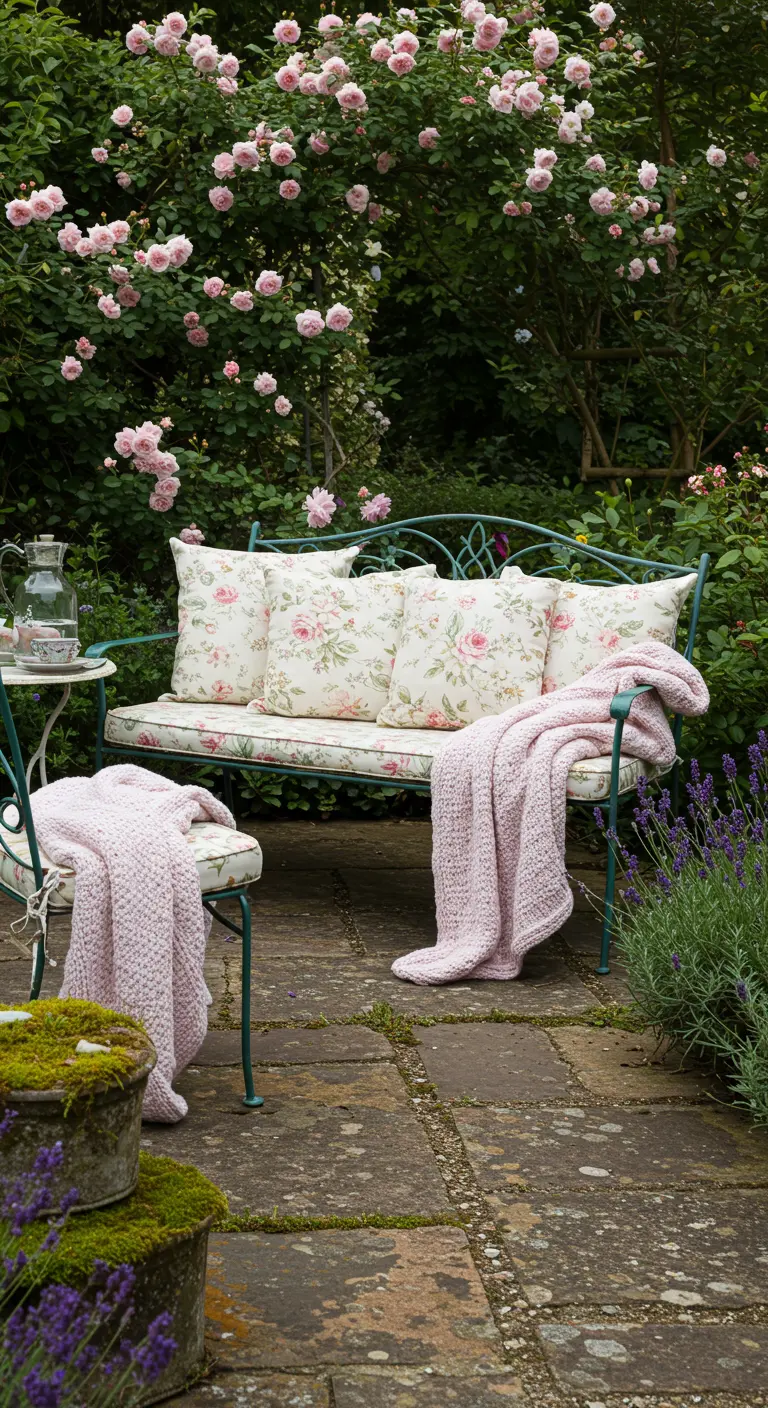 Banquito de hierro en un jardín de rosas con cojines florales y una manta de punto rosa.