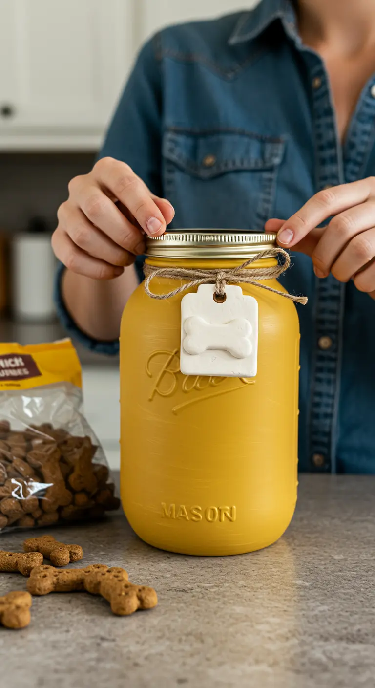 Frasco grande de color amarillo mostaza con una etiqueta en forma de hueso, lleno de galletas para perros.