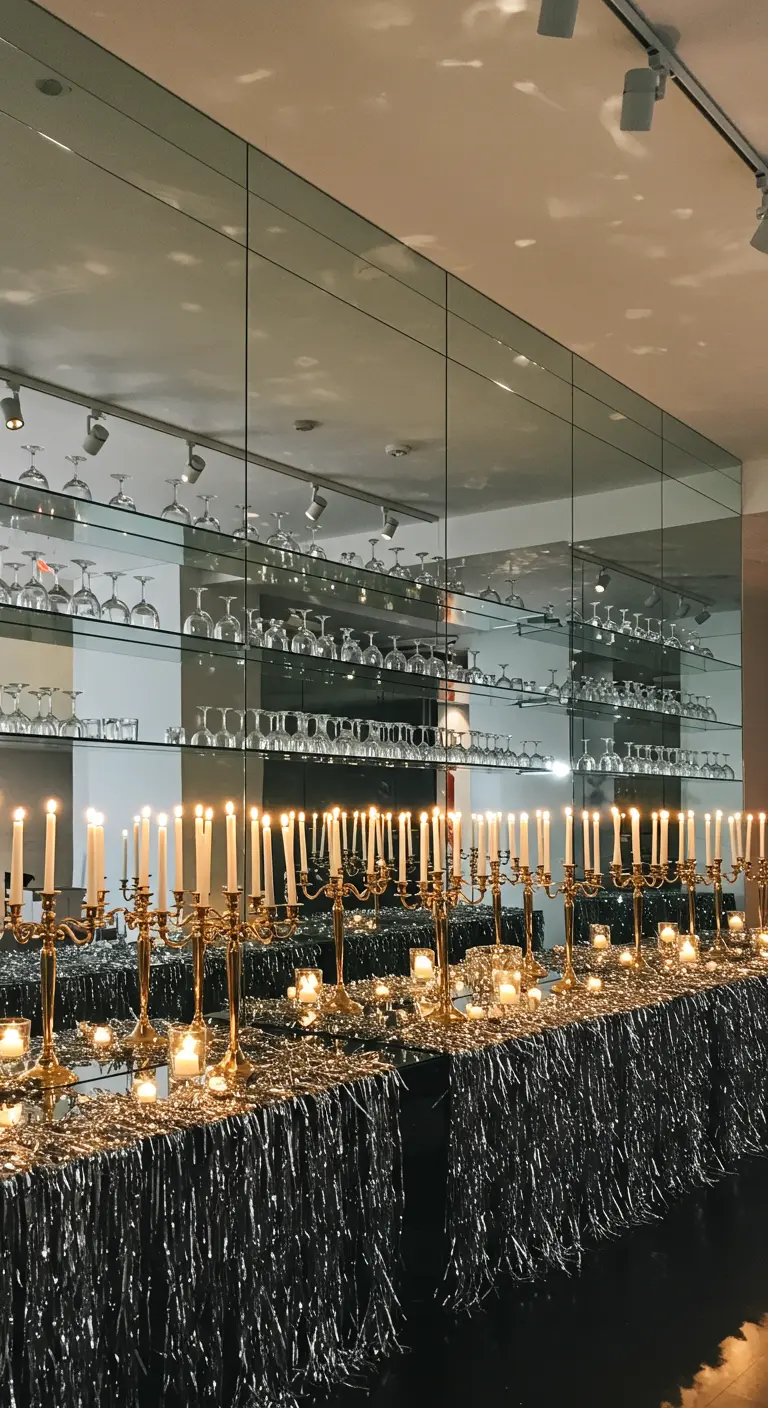 Mesa de buffet con faldón de oropel plateado y una multitud de candelabros dorados.