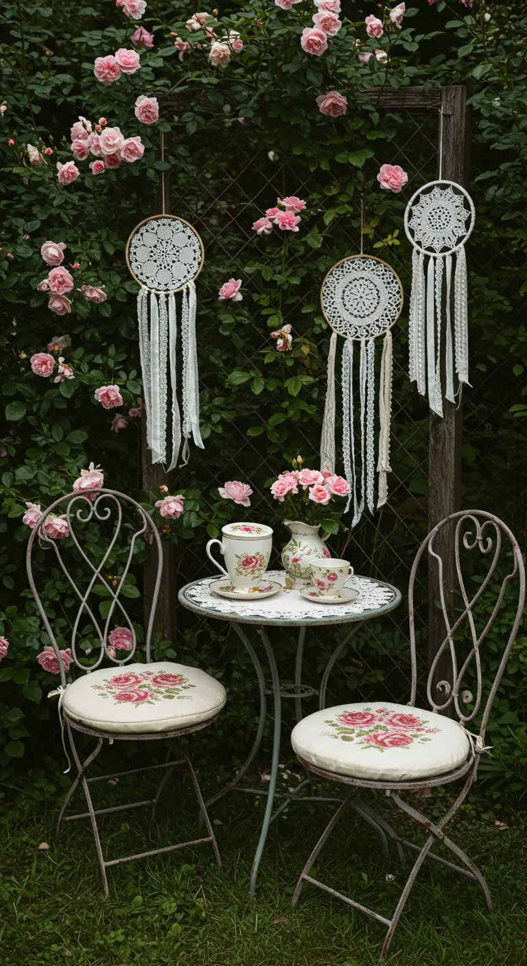 Rincón de jardín con mesa y sillas de hierro forjado, cojines de rosas y atrapasueños de encaje.