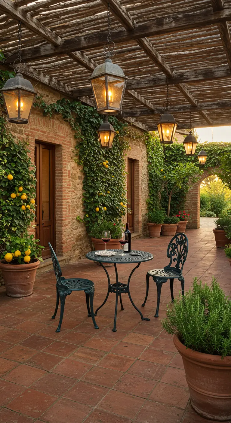 Patio de estilo toscano con mesa de hierro forjado, pérgola de madera y faroles colgantes encendidos