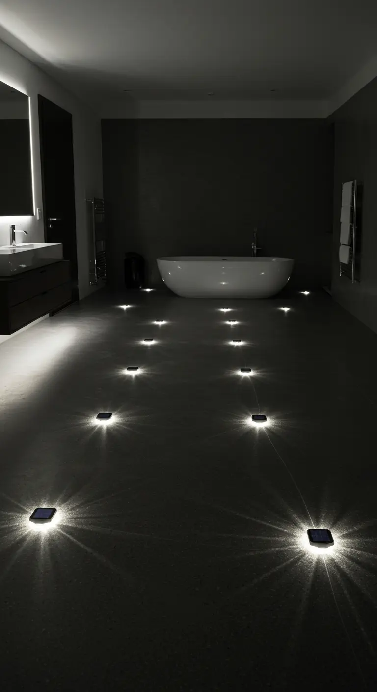 Suelo de baño oscuro con pequeños focos solares empotrados que crean un camino de luz.