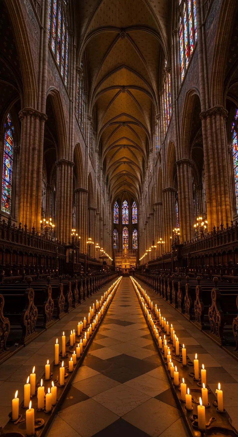 Pasillo de una catedral con dos hileras de velas encendidas en el suelo.