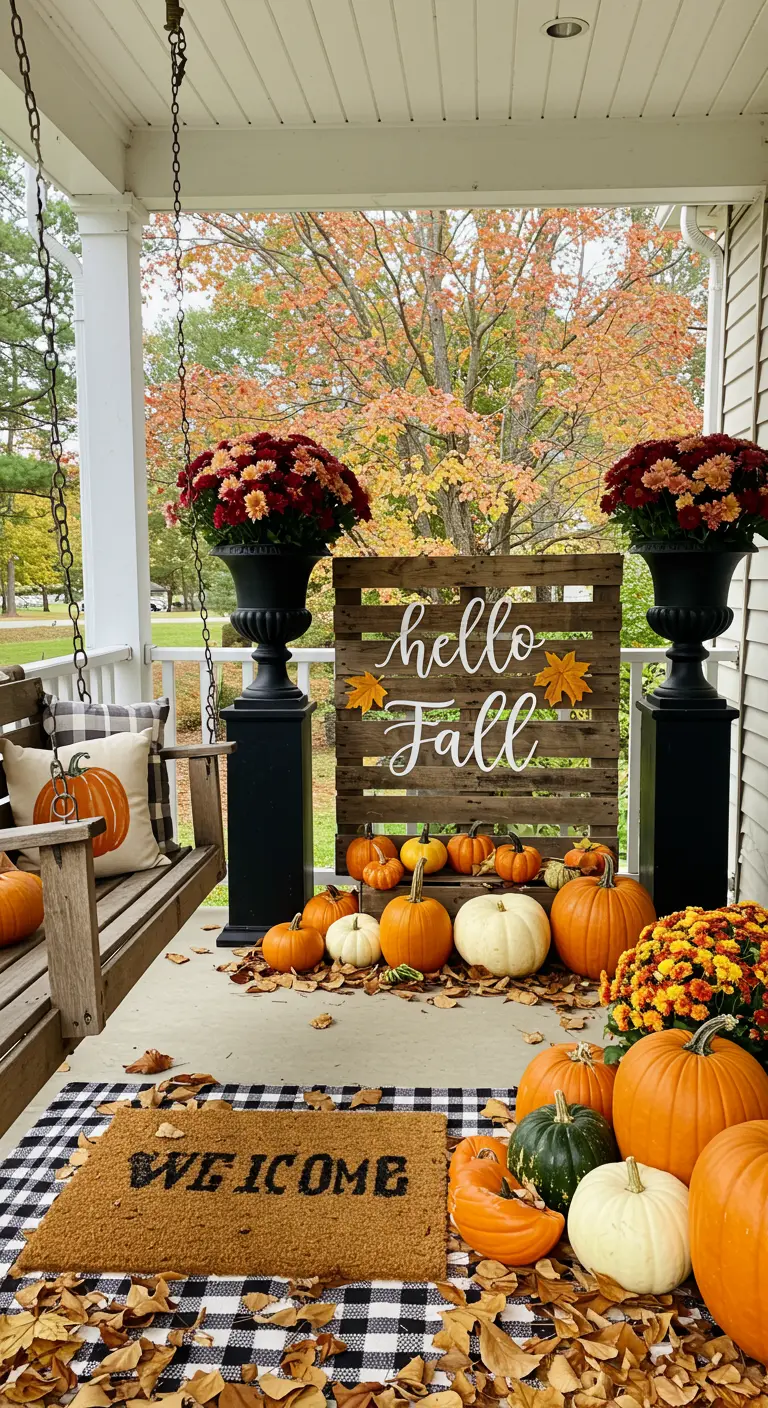 Cartel de madera de palet con el texto “Hello Fall” en un porche con columpio y calabazas.