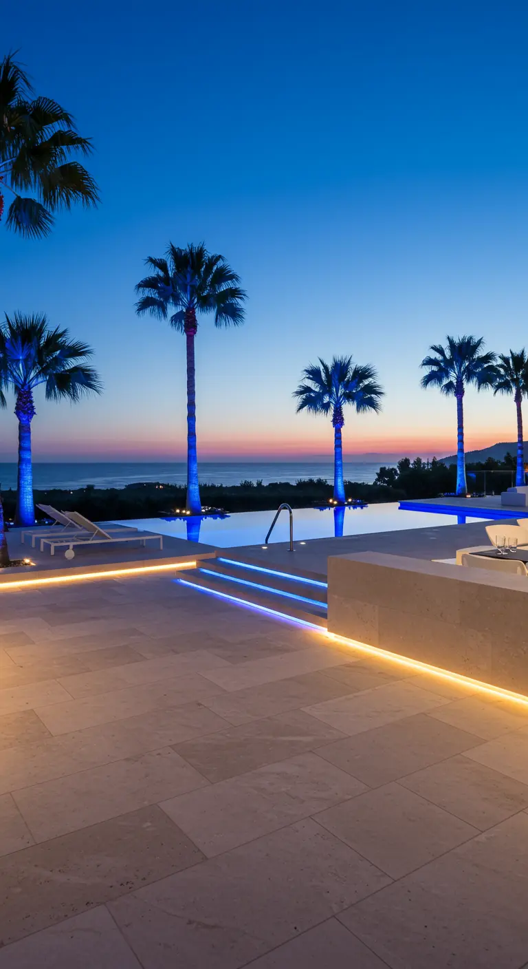 Piscina infinita al atardecer con iluminación LED azul en el borde y luces cálidas en la terraza